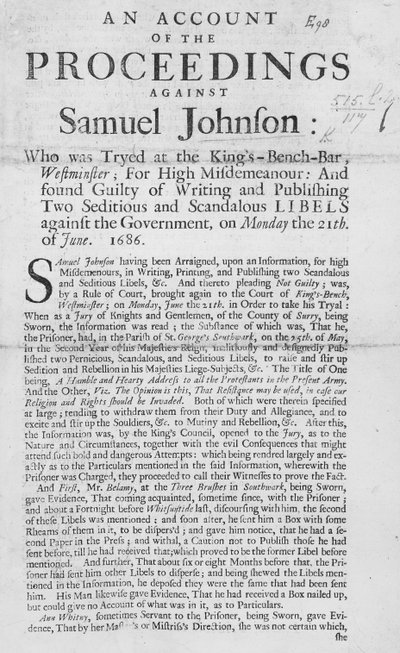 Een verslag van de procedures tegen Samuel Johnson, 1686 door English School
